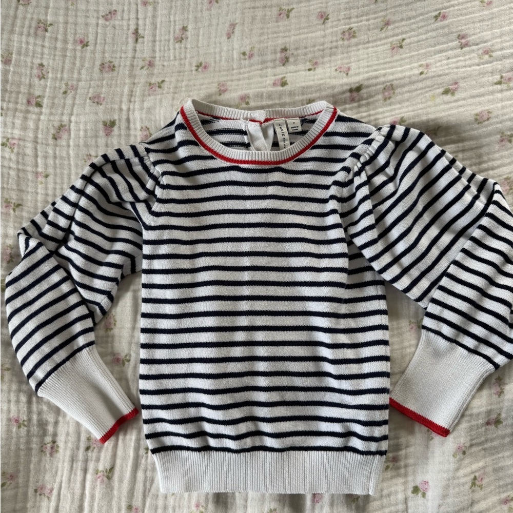 Janie and Jack White and Navy Striped Puff Sleeve Sweater with Red Trim